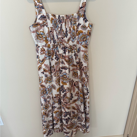 OLD NAVY Floral Linen Blend Smocked Midi Dress Cream Blue Mustard Medium - Picture 3 of 8